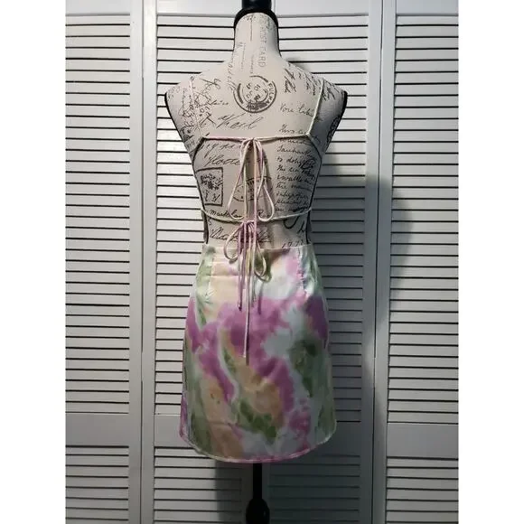 Et Clet Tie Dye Mini Slip Dress Women's Size Large Pink Yellow Strappy Lined - Picture 7 of 15